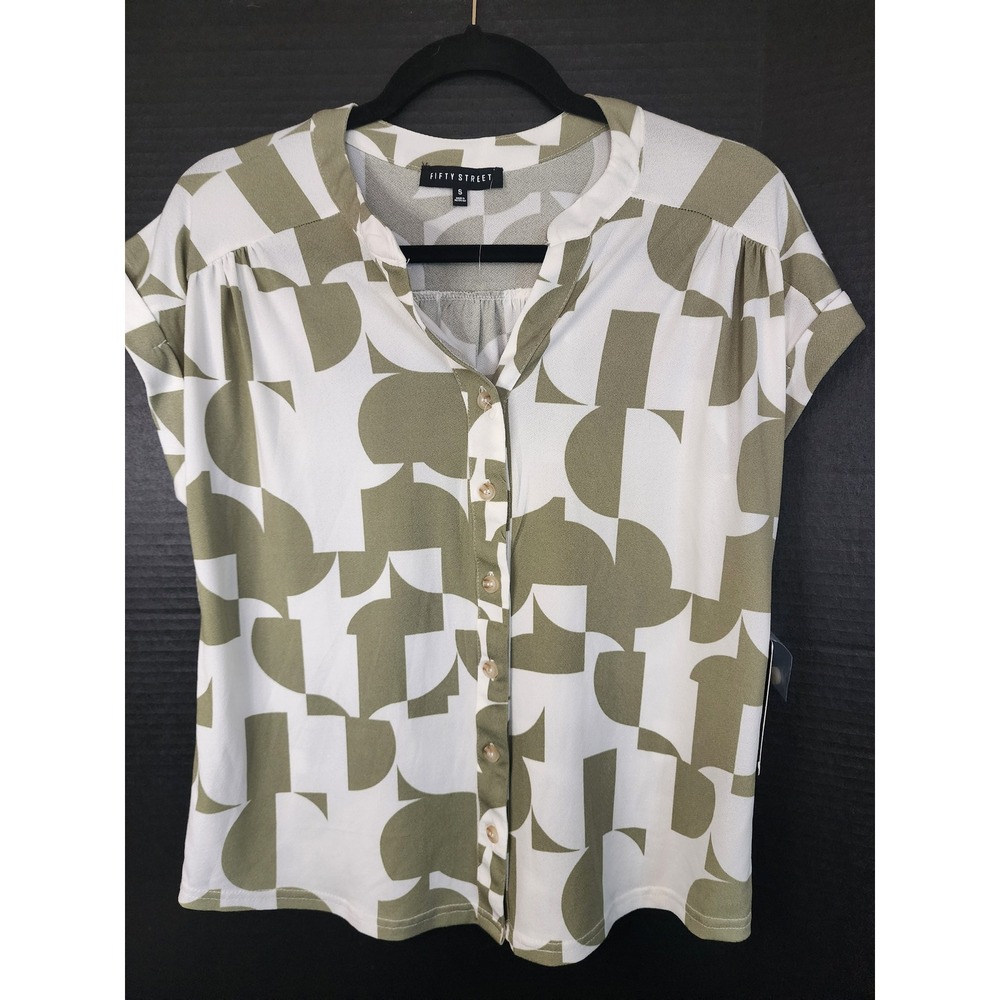 Fifty Street Olive Green Geometric Print Button Up Blouse CR2469Y-D Small